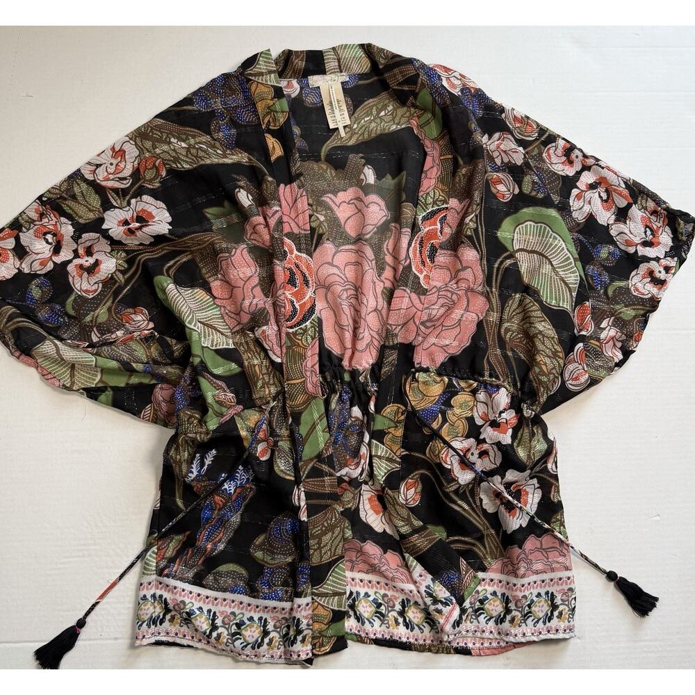 Free People Floral Kimono Cardigan Boho Open Front Lightweight One Size Black